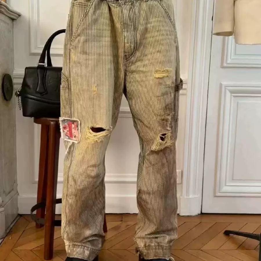 ERD Distressed Workwear Stripe Pants - Champagne