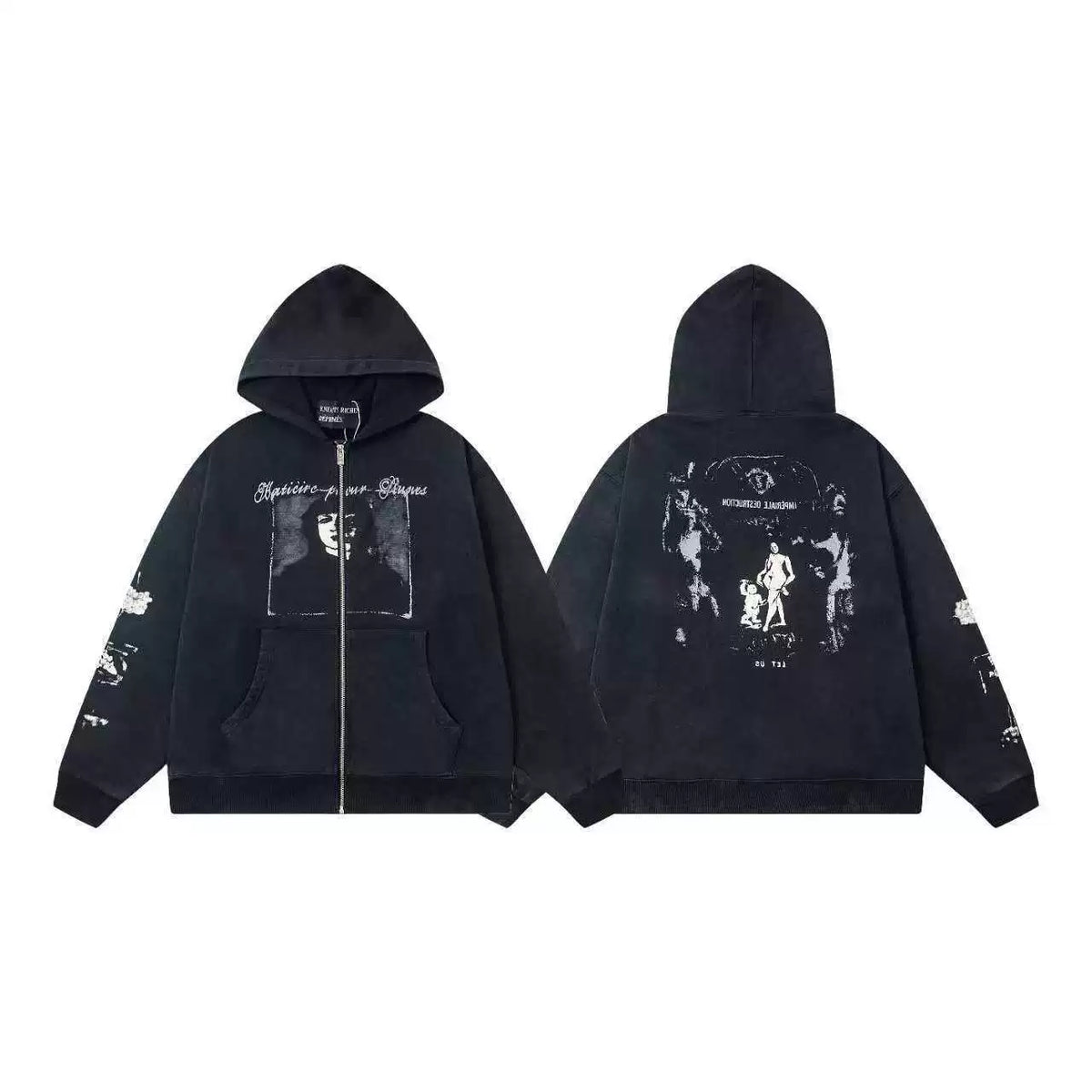 ERD “Haticire pour Givmes” Graphic Zip-Up Hoodie — Washed Black