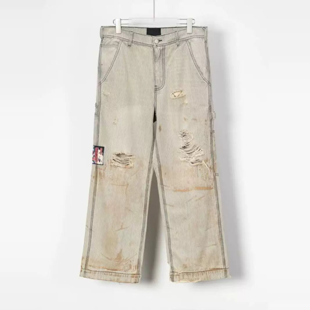 ERD Distressed Workwear Stripe Pants - Champagne