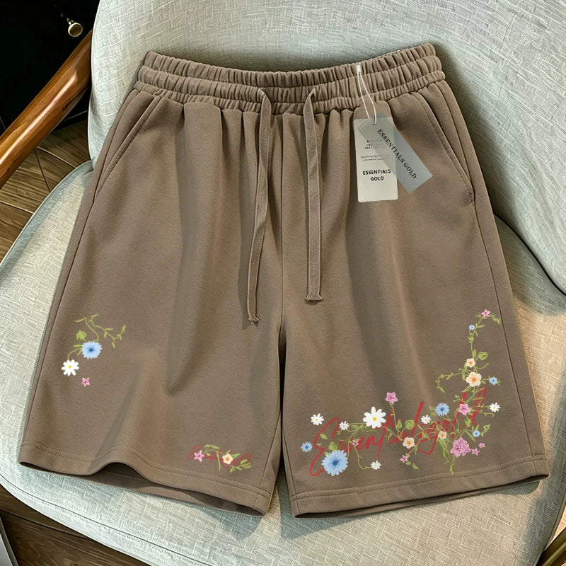 ESSENTIALS GOLD trendy summer breathable shorts with elastic waistband, casual deep fog embroidery floral straight tube