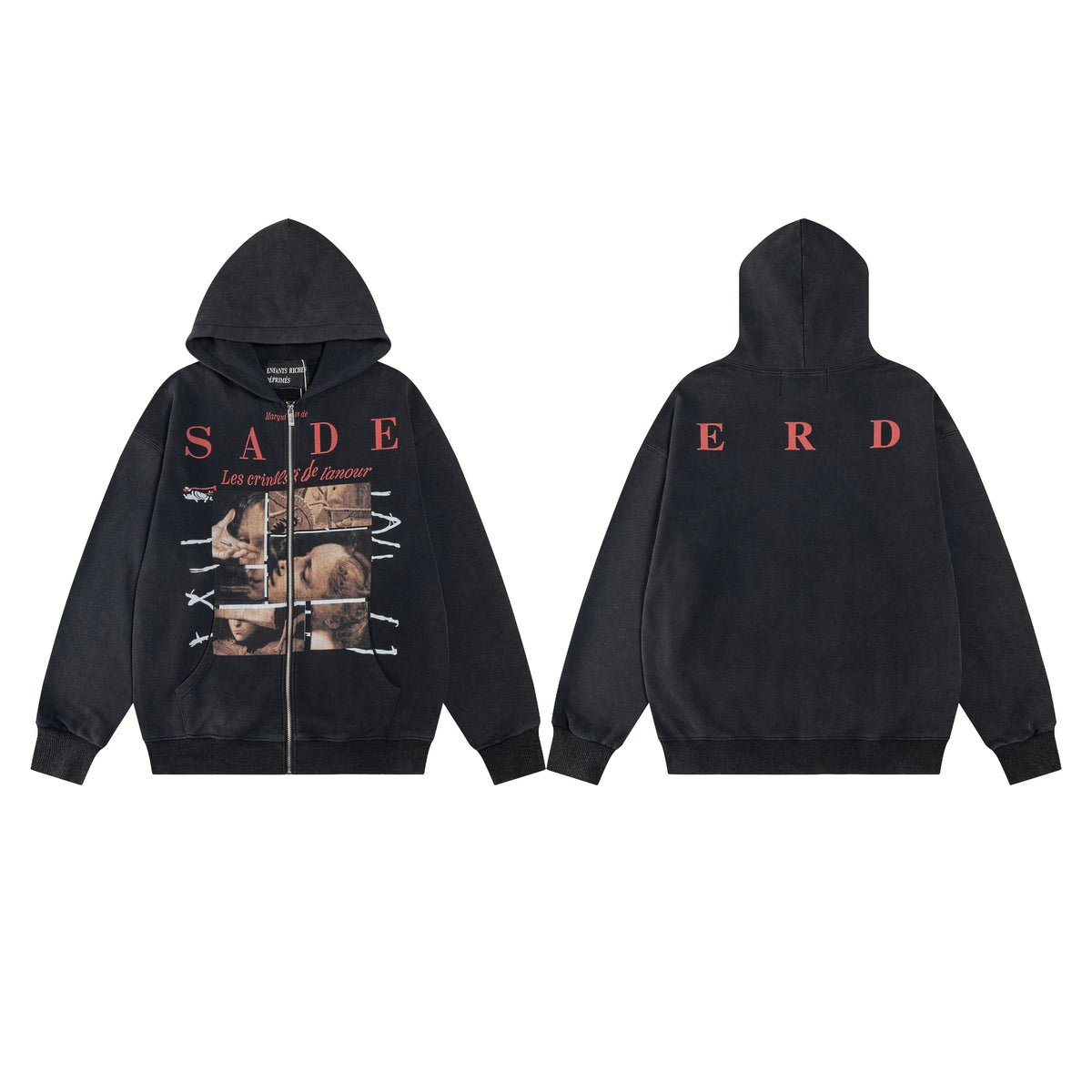 ERD “SADE” Graphic Zip-Up Hoodie — Washed Black