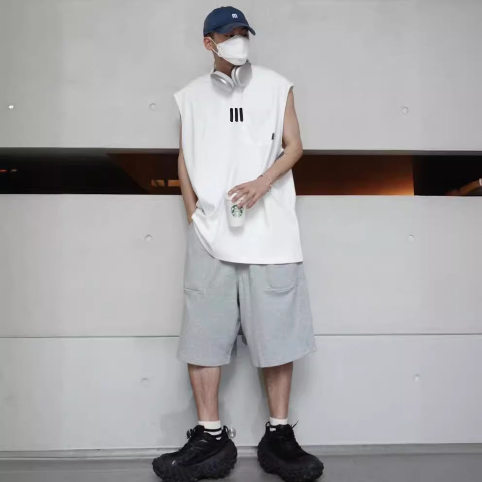 Essentials Summer Loose Sleeveless Tank Top T-shirt with Three Bars Stacked for Men and Women Couple Style