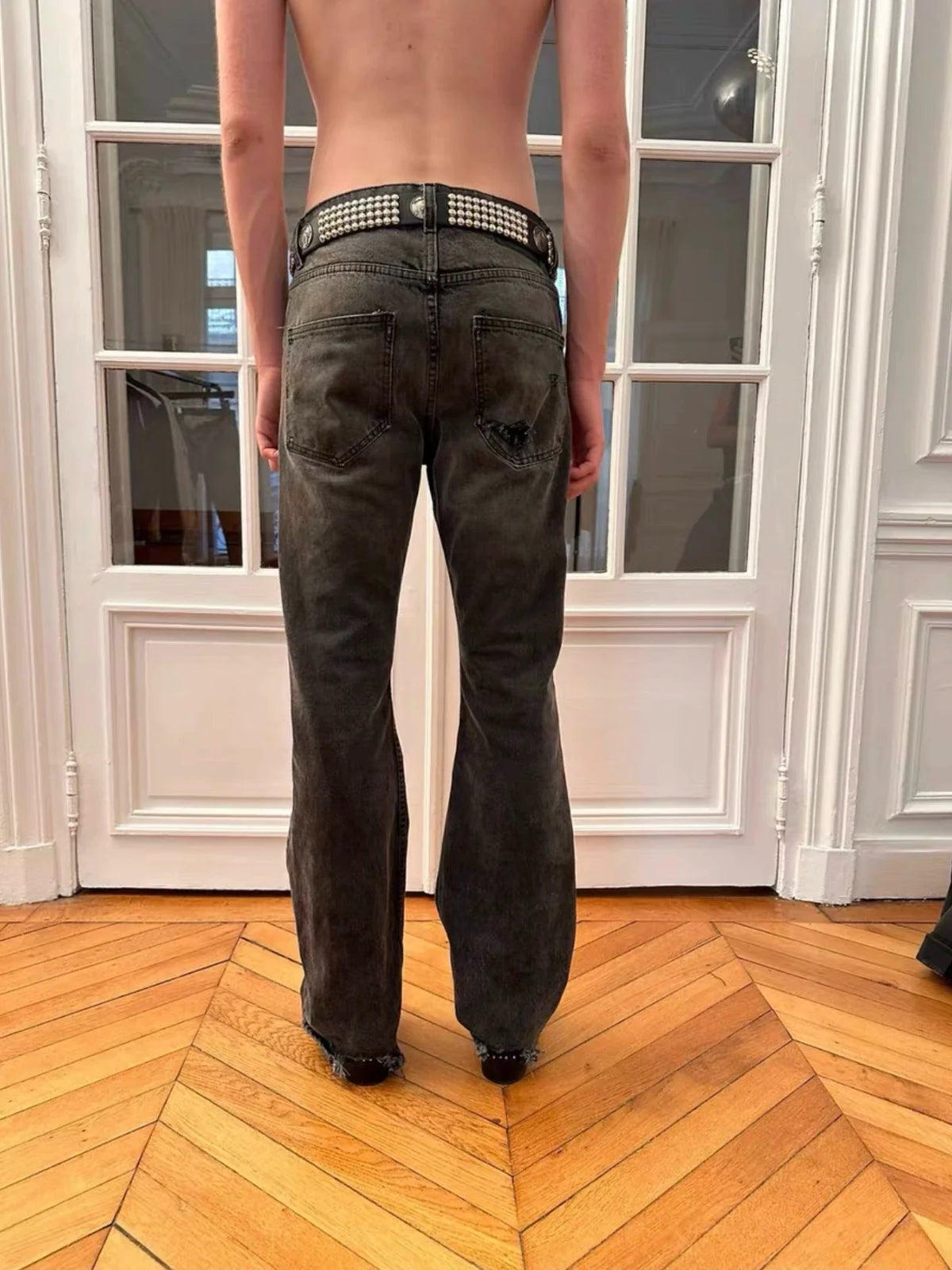 ERD Distressed Washed Straight-Leg Jeans — Dark Grey