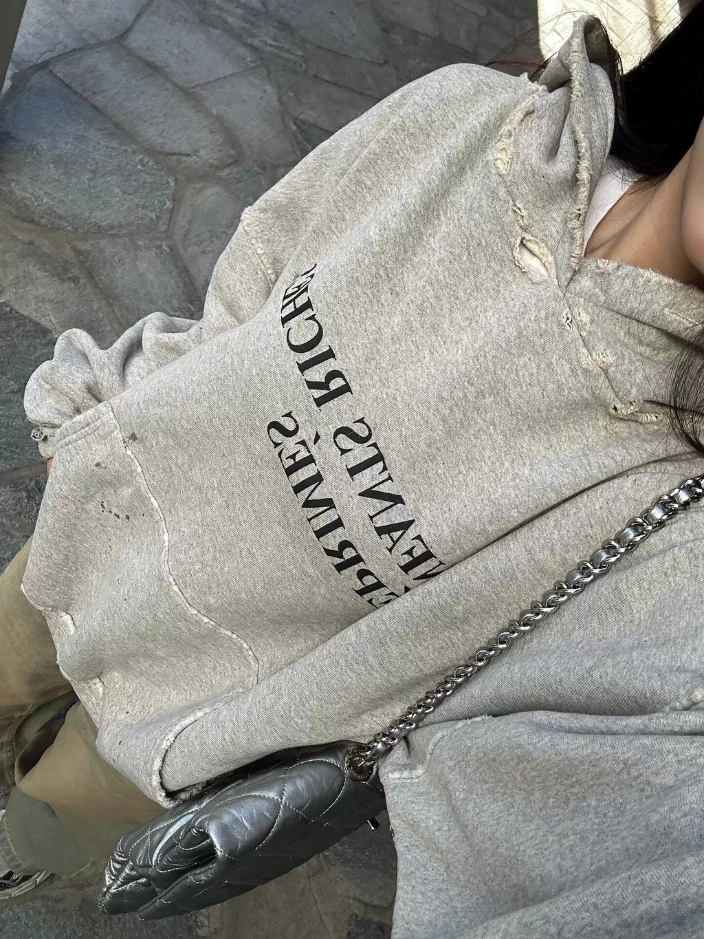 ERD Distressed Letter Print Heavyweight Hoodie - Light Grey