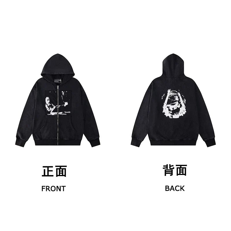 ERD Graphic Print Zip-Up Hoodie — Black