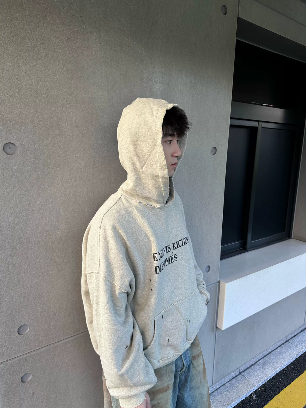 ERD Distressed Letter Print Heavyweight Hoodie - Light Grey