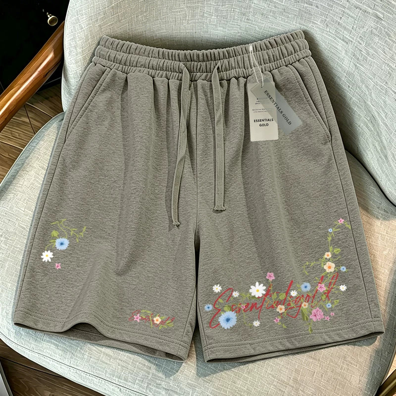 ESSENTIALS GOLD trendy summer breathable shorts with elastic waistband, casual deep fog embroidery floral straight tube