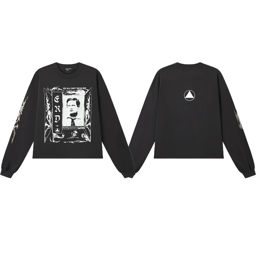 ERD “We All Can’t Die in Bed” Gothic Frame Long Sleeve T-Shirt — Black