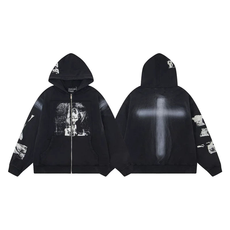ERD "Ghost Cross" Graphic Zip-Up Hoodie — Washed Black