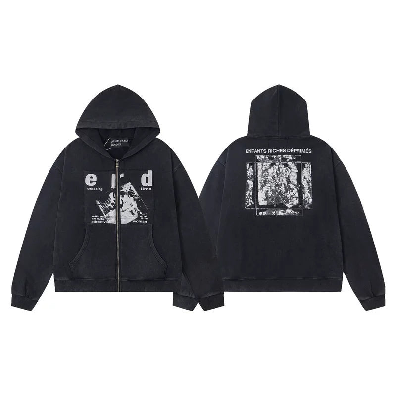 ERD "Enfants Riches Déprimés" Demon Graphic Zip-Up Hoodie — Washed Charcoal