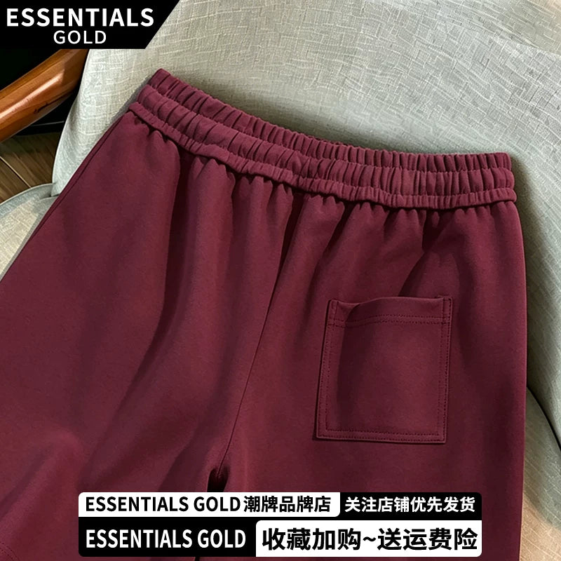 ESSENTIALS GOLD Trendy Brand Summer Wine Red Shorts Loose Breathable Drawstring Versatile Casual Elastic Waist