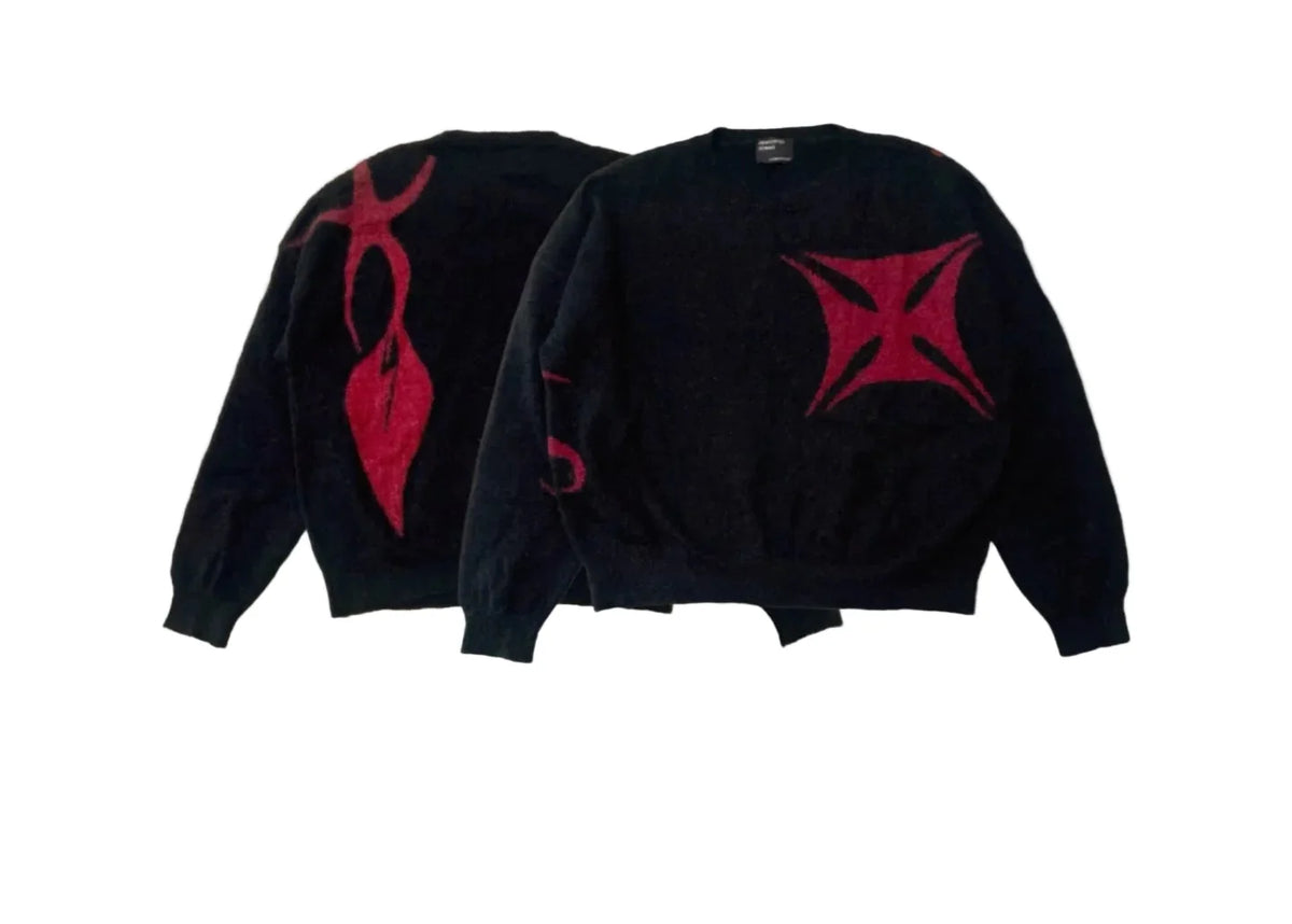 ERD Iron Cross + Flame Figure Jacquard Knit Sweater - Black/Red