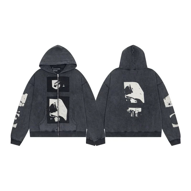 ERD Fragmented Face Graphic Zip-Up Hoodie — Washed Ash