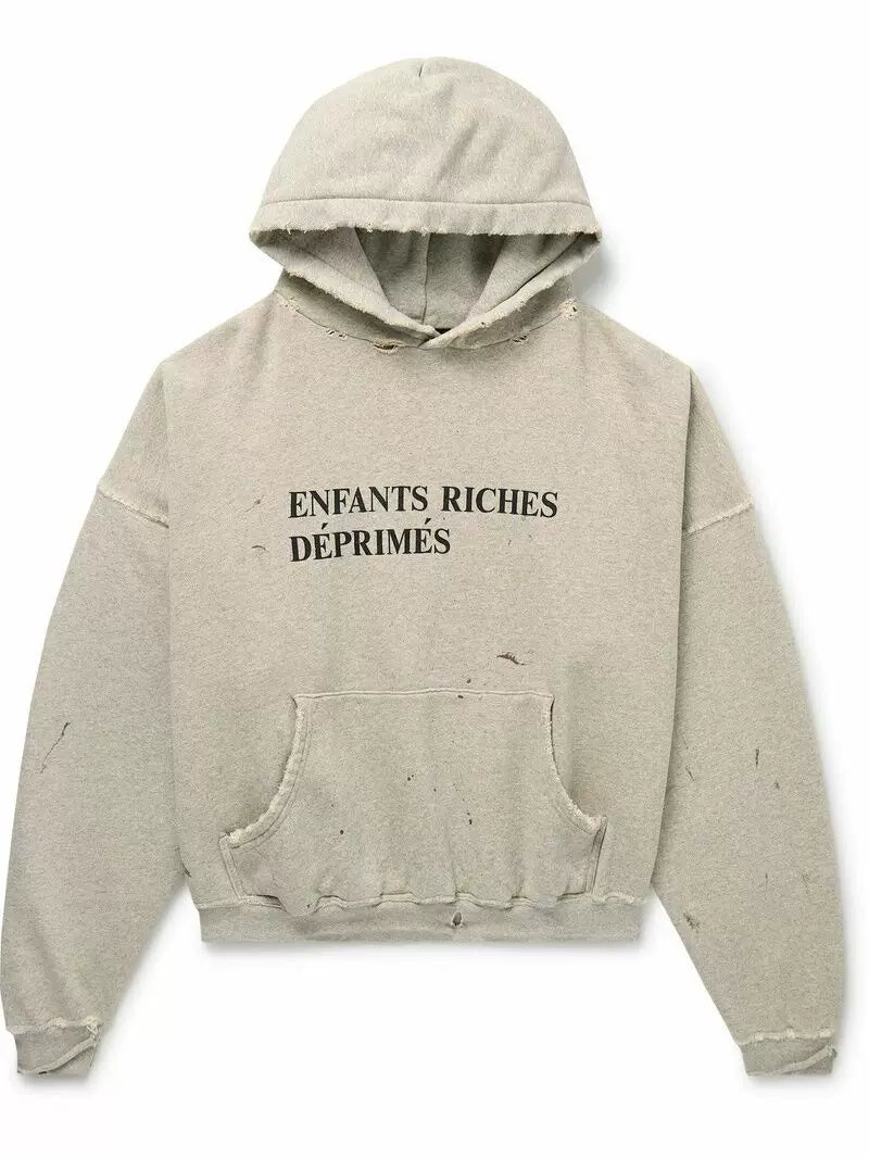 ERD Distressed Letter Print Heavyweight Hoodie - Light Grey